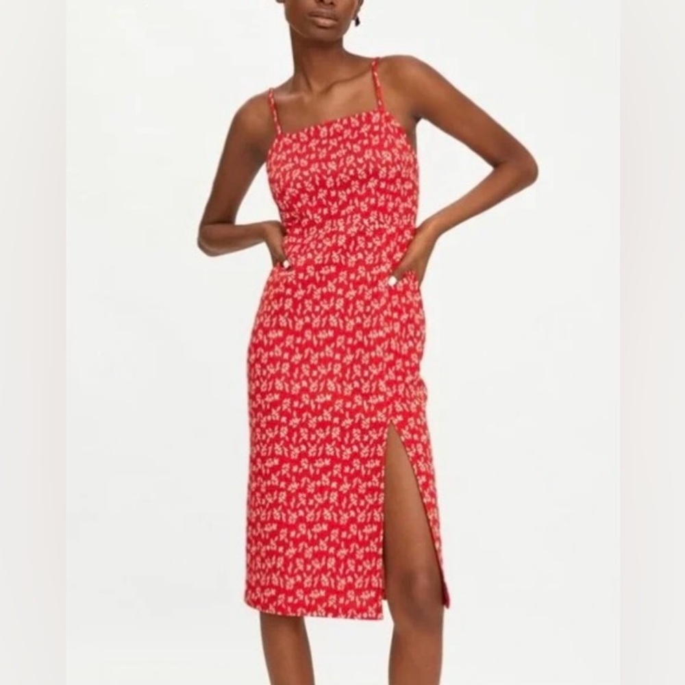 Zara Spaghetti Straps Square Neckline Midi Dress   Red floral Size Small